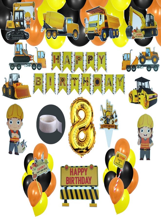 FI - FLICK IN 57 pcs Construction Theme Happy Birthday Decoration for Kids JCB Decorations Item for 8th Birthday Party with Vehicle Truck Cutout , Banner Balloons (Pack of 57 , Multicolor) - Image 1